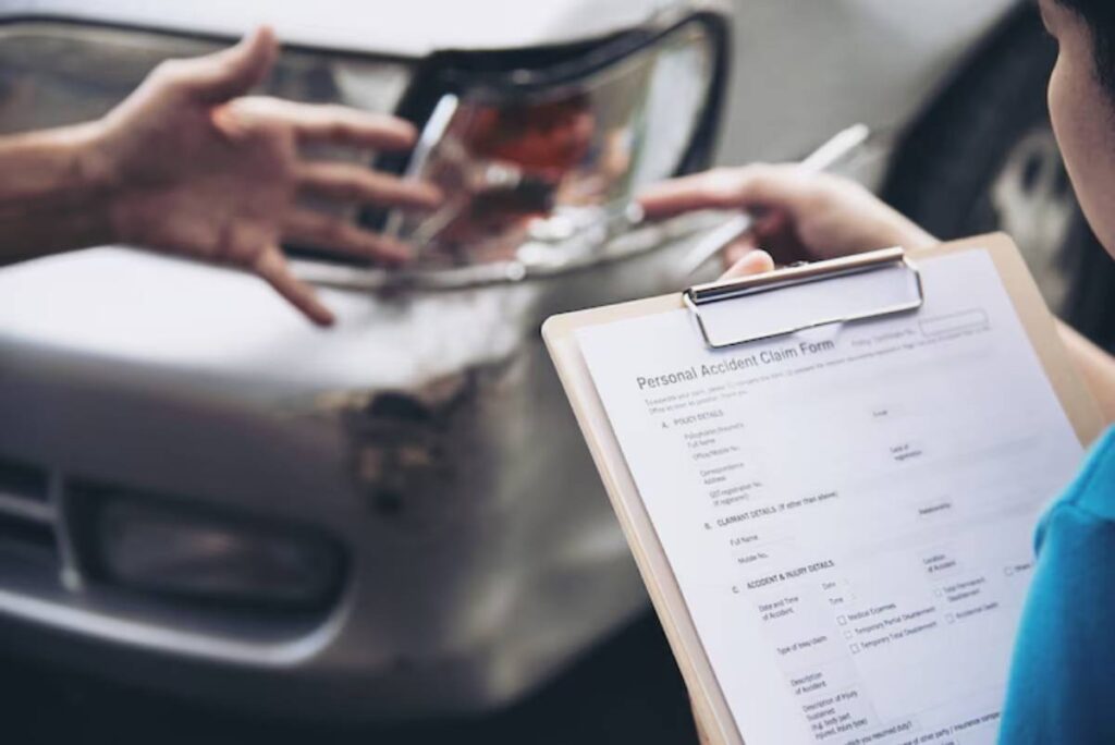 A person gestures towards a damaged vehicle while another holds a clipboard with a personal accident claim form.