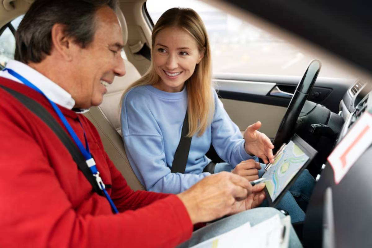 Two individuals inside a car discussing a map, with one pointing at the map and the other attentively listening.
