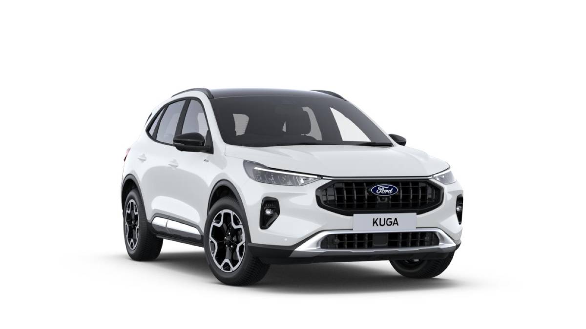 A sleek white Ford Kuga SUV with a modern design, featuring a black grille and stylish alloy wheels, shown from a front angle.