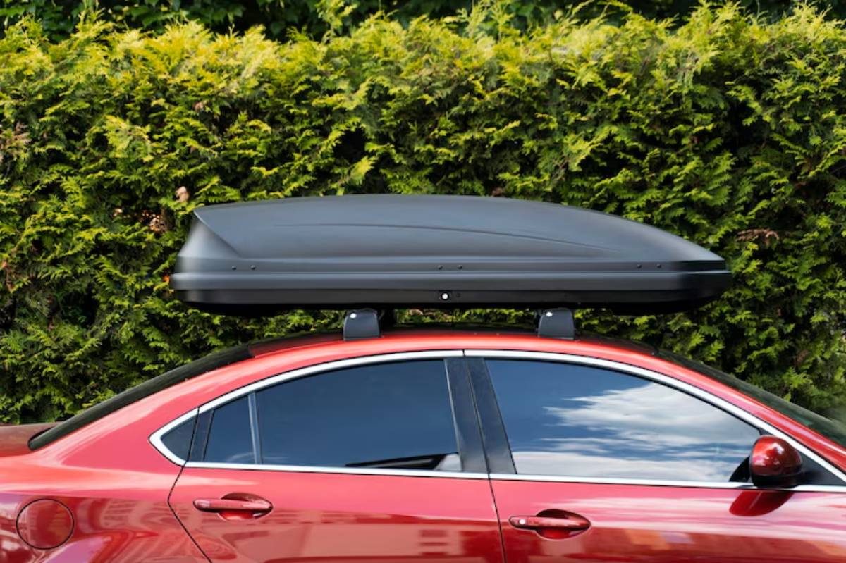 A red car with tinted windows features a sleek black rooftop cargo box, set against a backdrop of lush green bushes.