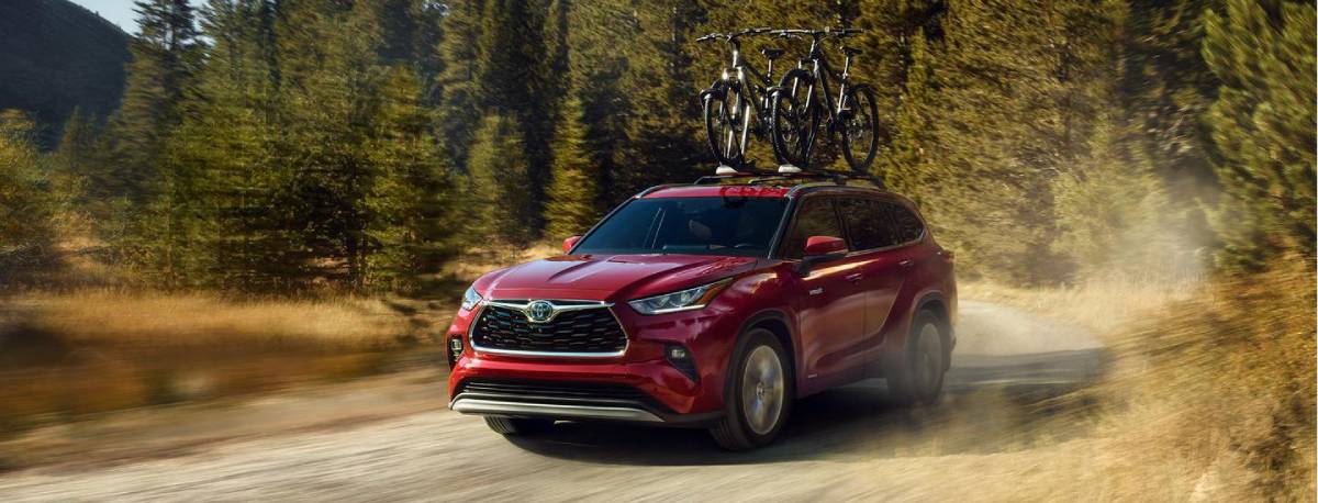 A red SUV drives along a dusty forest road, featuring two bicycles mounted on its roof rack, surrounded by tall trees.
