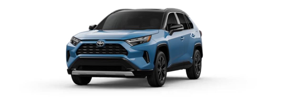 A blue Toyota RAV4 SUV with a sleek design, black accents, and a sporty front grille, positioned at a slight angle.
